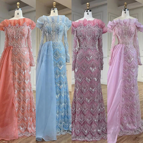 Vestidos de noche elegantes de sirena árabe color naranja, lujosos, con perlas y cuentas, para mujer, ideales para fiestas 2025 LA71649A 