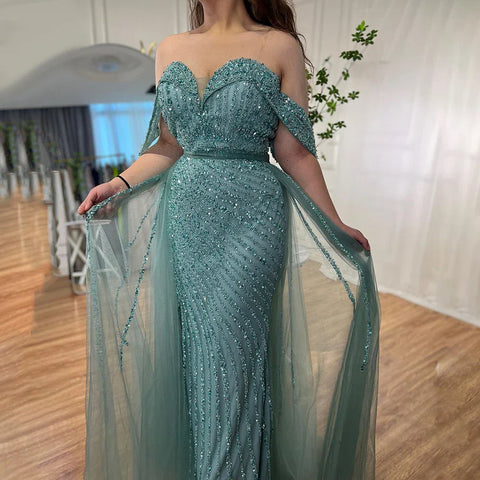 Elegante vestido de noche de sirena color piel con sobrefalda, hombros descubiertos y cuentas, para mujer, fiesta 2024 LA71728 