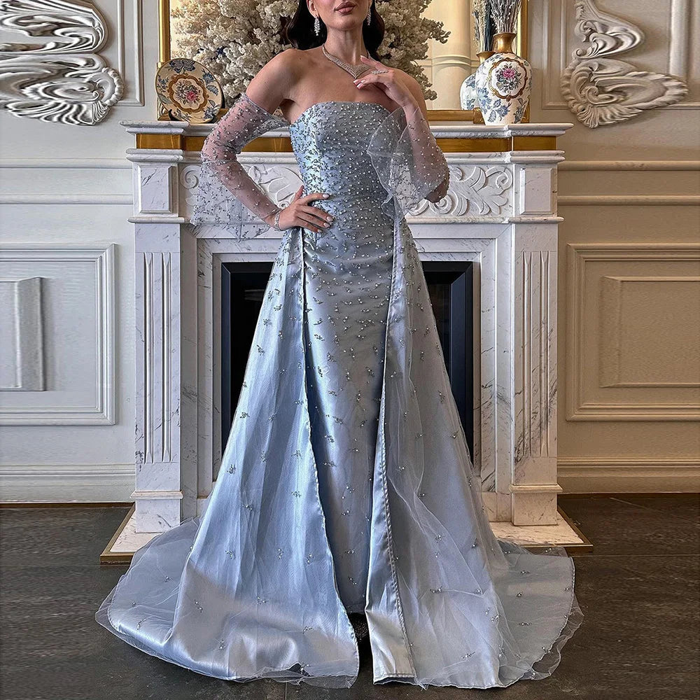Vestido de noche árabe gris plata para mujer, ideal para bodas, fiestas y graduaciones (LA72705)