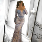 Luxury Dubai White Nude Mermaid Evening Dresses Long Sleeve LA72634