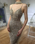 White Nude Mermaid Spaghetti Strap Beaded Feather Evening Dress Gown LA72047