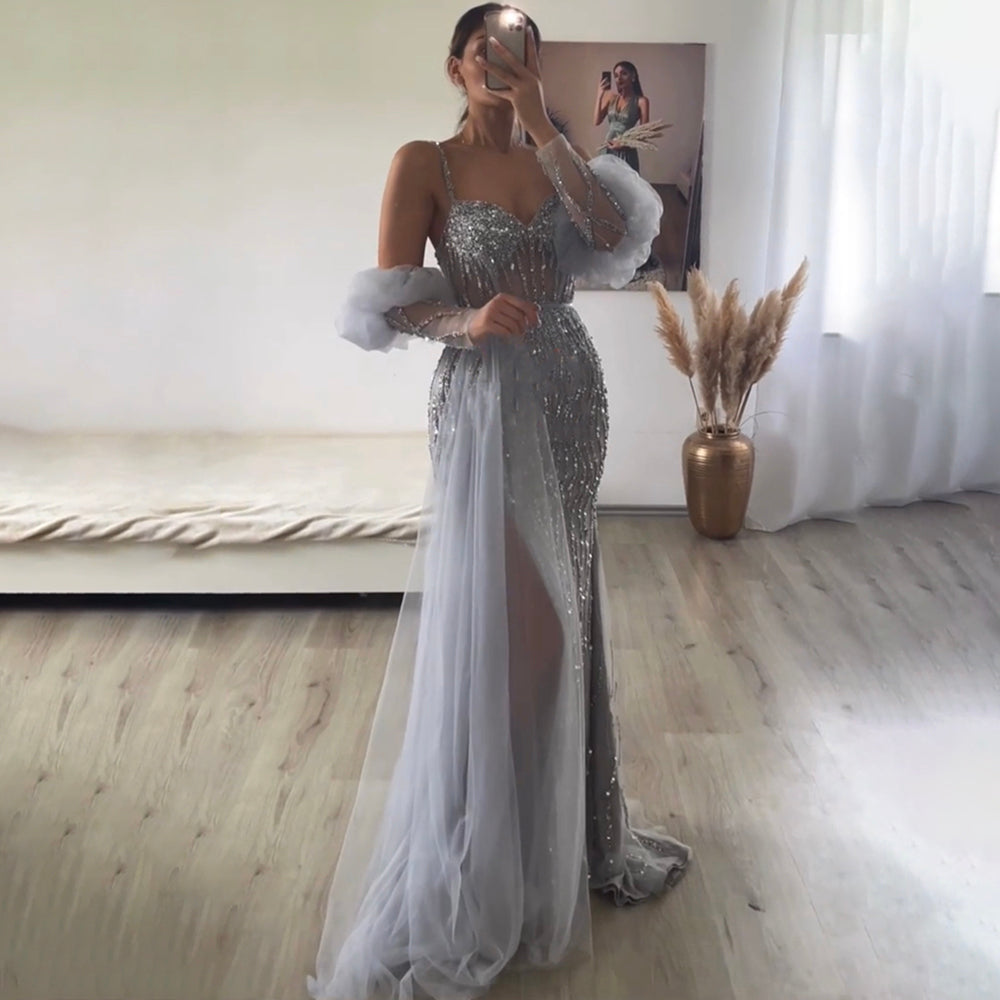 Gray Mermaid Elegant Balloon Sleeves Sweetheart Evening Dresses Gowns 2025 Luxury Beaded For Women Party LA71571A