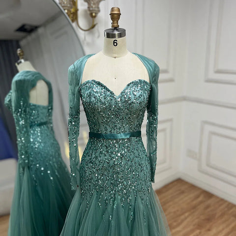 Robe de soirée sexy style arabe fuchsia, col en V, manches longues, perles, luxueuse, encolure en cœur, sans retour, LA71810 