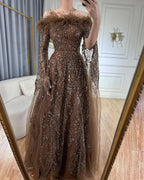 Off Shoulder Feathers Brown Evening Dress with Cape Sleeves LA72401