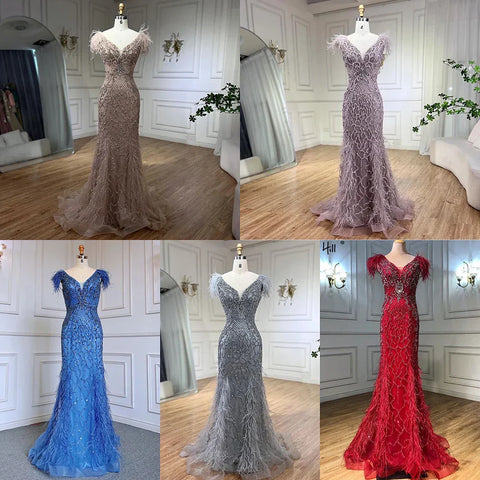 Champagne Luxury V-Neck Sexy Mermaid Evening Dresses 2025 Diamond Feathers Sleeveless Formal Dress LA70350