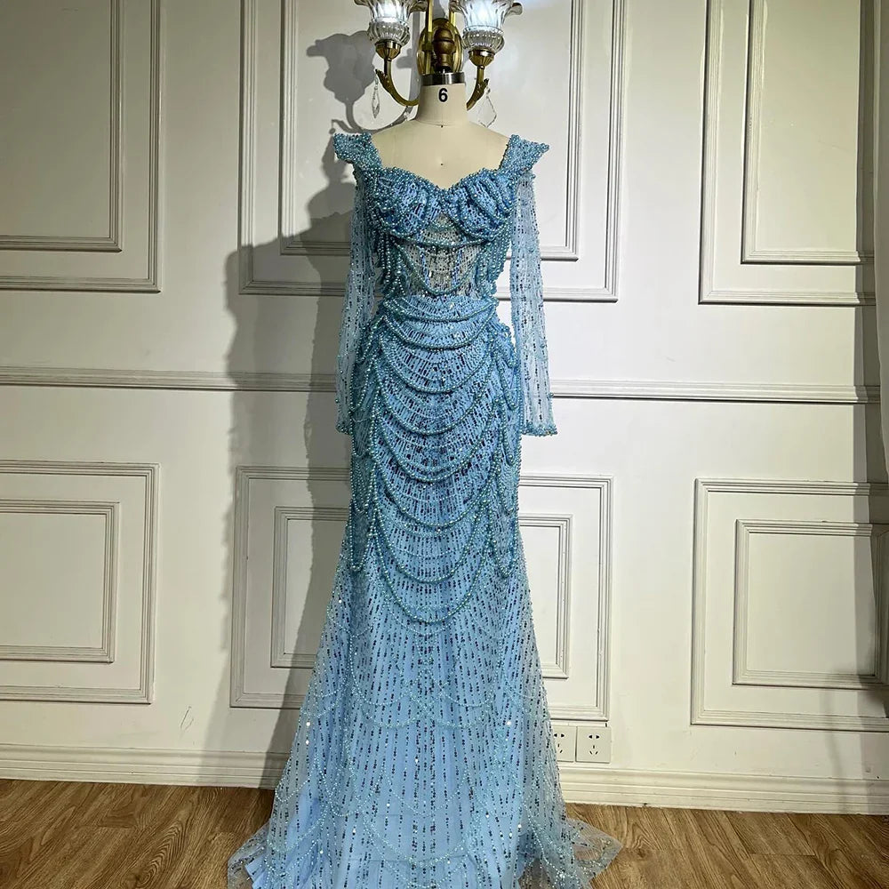 Vestido de noche de lujo estilo sirena con escote corazón, perlas y cuentas, color verde salvia árabe, modelo LA72660 (2025) 