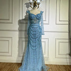 Vestido de noche de lujo estilo sirena con escote corazón, perlas y cuentas, color verde salvia árabe, modelo LA72660 (2025) 