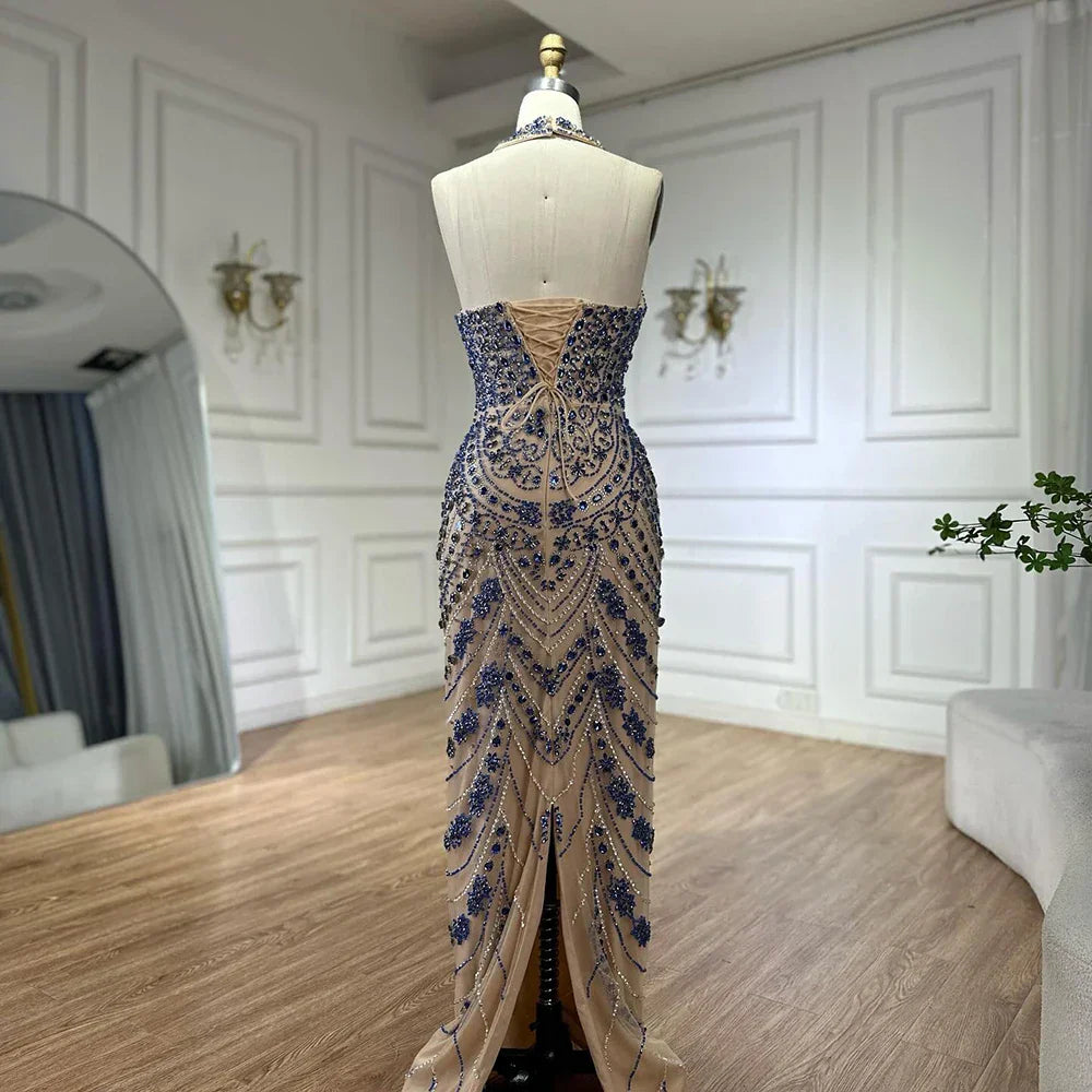 Vestido de noche elegante azul estilo saudí con cuello halter y cuentas de cristal para ocasiones formales LA72760 (modelo 2025) 
