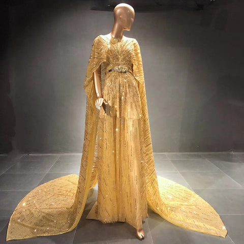 Robe de soirée trapèze luxueuse et dorée, manches cape élégantes et perlées, pour femme, LA71502, 2025