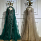 Vestidos de noche árabes estilo sirena verde saudí 2025 con mangas de capa con cuentas para ocasiones formales LA72838 