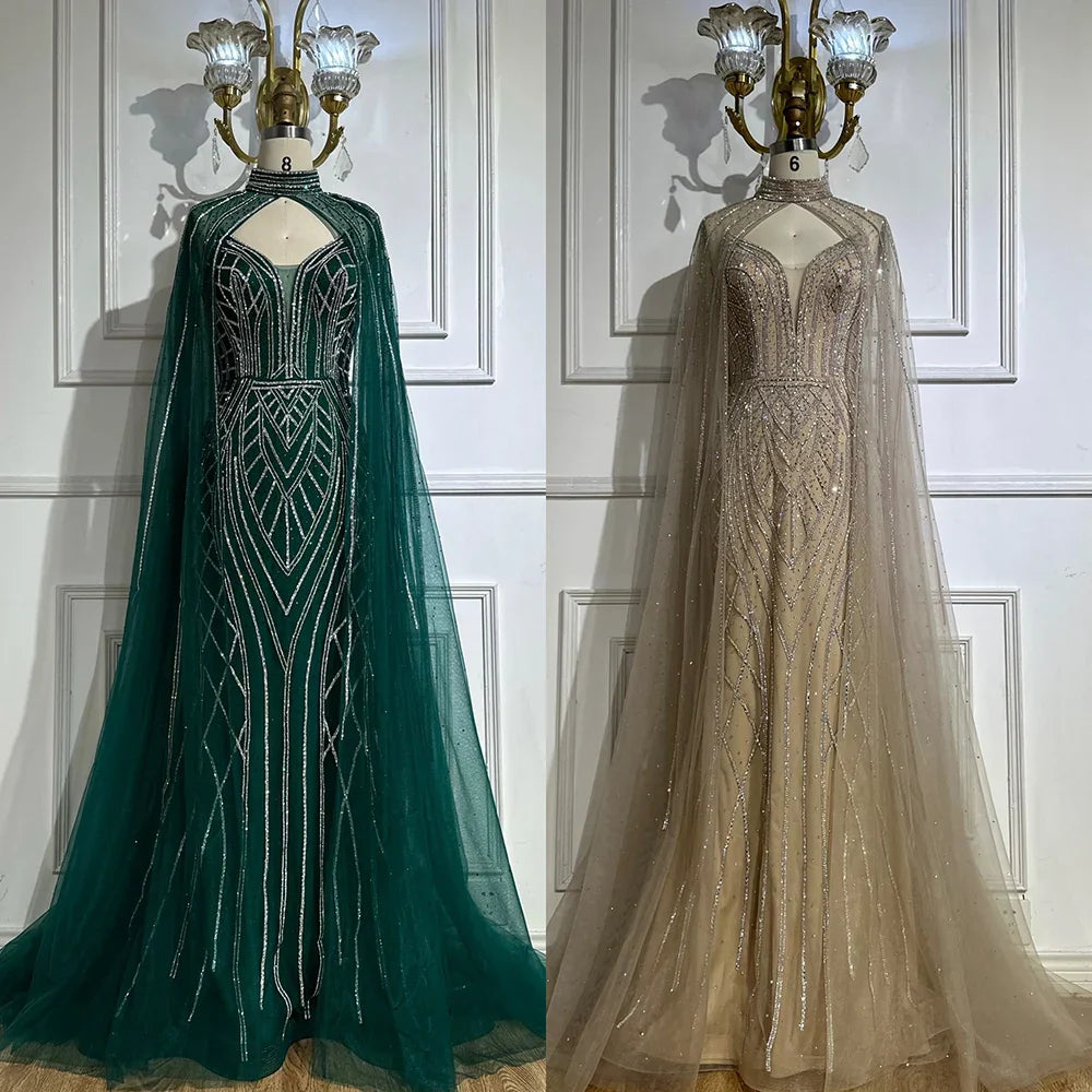 Vestidos de noche árabes estilo sirena verde saudí 2025 con mangas de capa con cuentas para ocasiones formales LA72838 