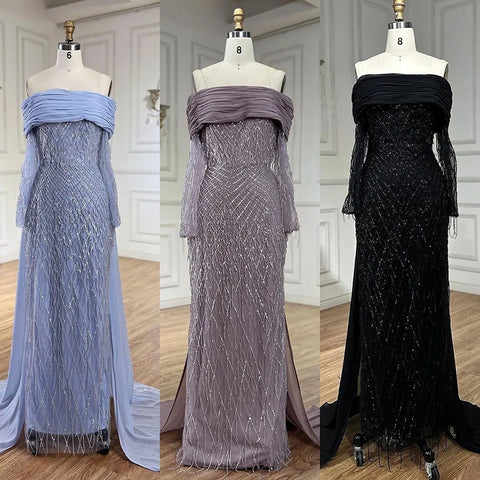 Luxury Tassel Lilac Off Shoulder Evening Dress with Cape LA72374