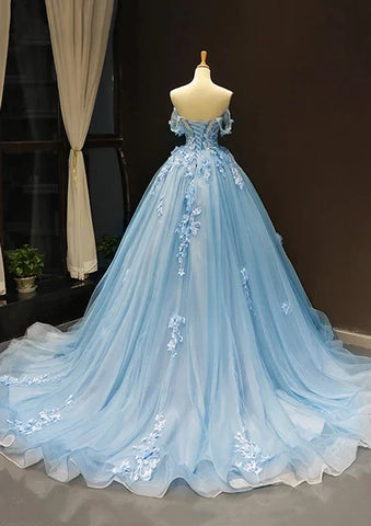 Robe de bal bleu arabe 2025, épaules dénudées, en tulle, avec applications, pour soirée femme, LA72679 