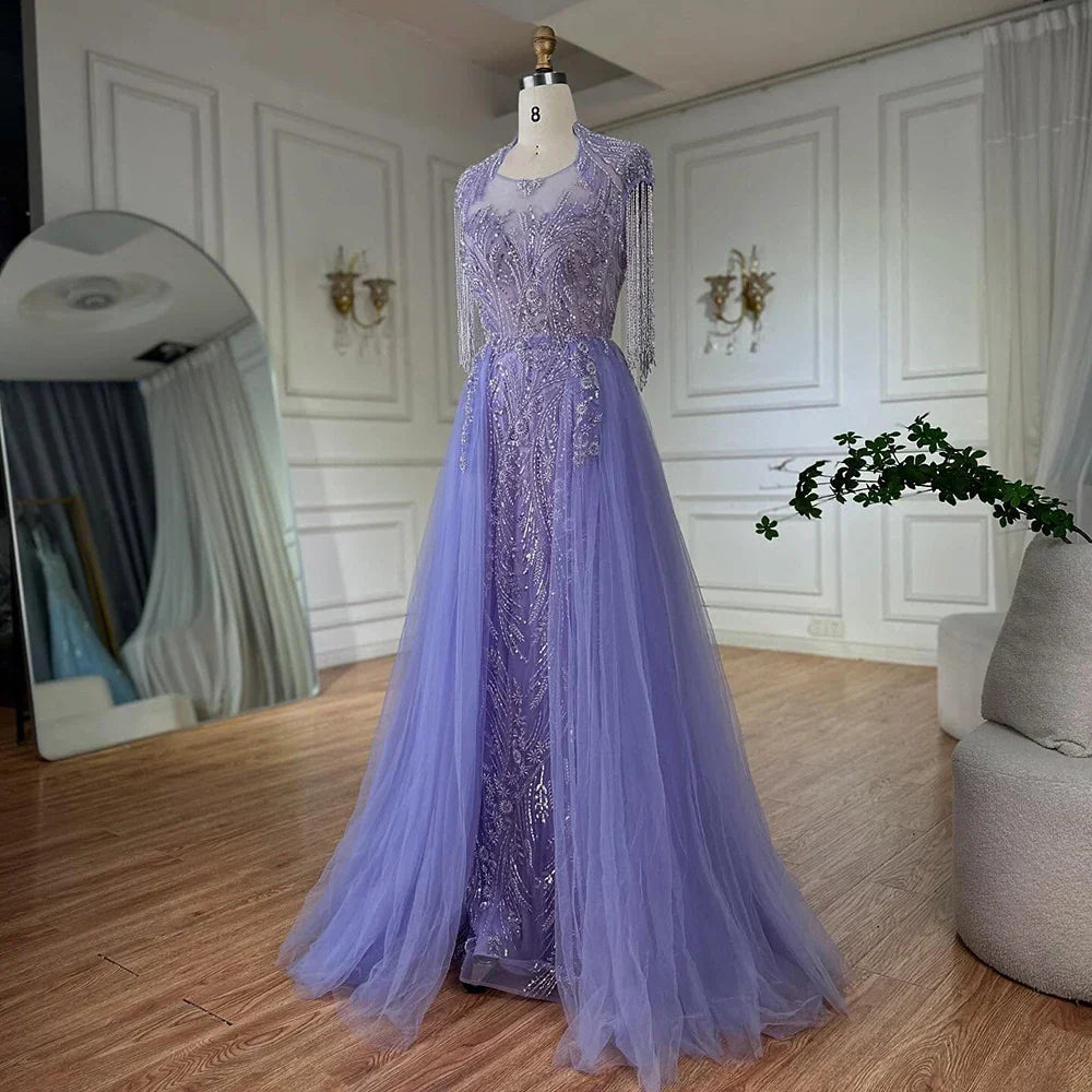 Vestido de noche de lujo de Dubái, corte en A, elegante, color lila árabe, con borlas y cuentas, modelo LA72422 (2025). 