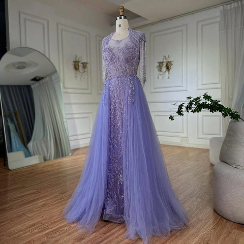 Robe de soirée élégante de style arabe lilas, coupe trapèze, avec pompons et perles, tenue de soirée de luxe à Dubaï, pour femme, tenue de mariage, LA72422, 2025 