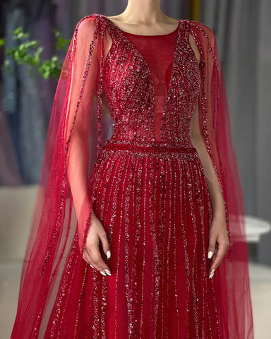 Vestidos largos de noche de lujo estilo Dubái, corte A, manga capa, bordados y con cuentas, colección 2025, para mujer, ideales para bodas y fiestas (LA71941) 