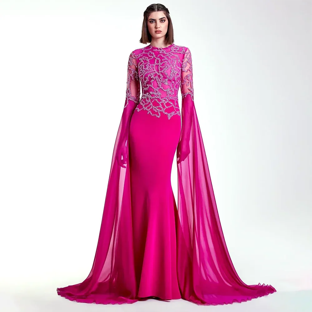 Arabic Fuchsia Mermaid Cape Sleeves Luxury Dubai Evening Dress Beaded With Gloves for Women's Party 2025 LA72509
