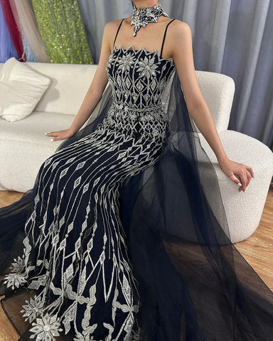 2025 Nude Beaded Spaghetti Strap Design Mermaid Evening Dresses Gowns with Long Cape for Formal Occasion LA72711