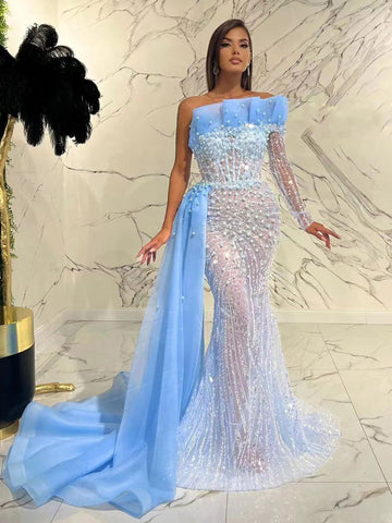 Blue Arabic Mermaid Elegant Sexy One-Shoulder Evening Dresses Gowns 2025 Luxury Pearls Beaded Party LA71718