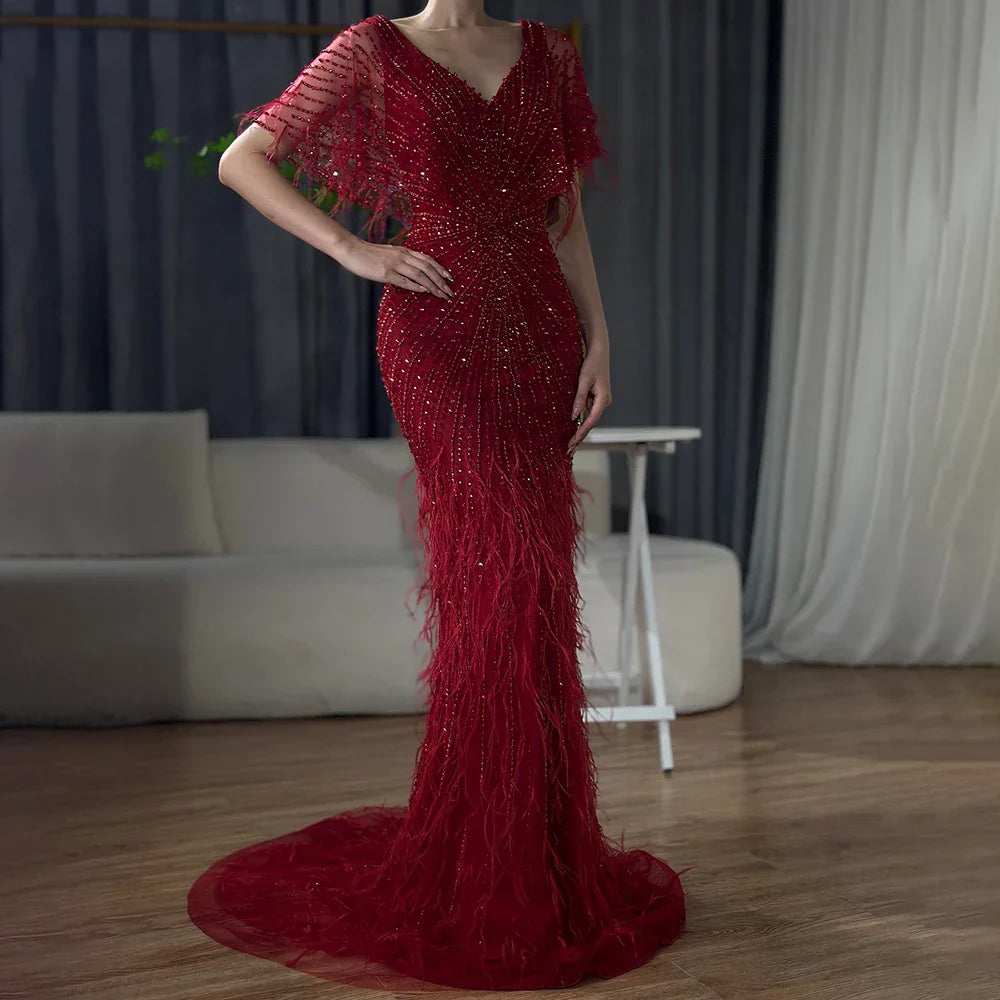 Brown Mermaid Luxury Evening Dresses Gowns 2025 Beaded Feather Elegant For Woman Party LA71323