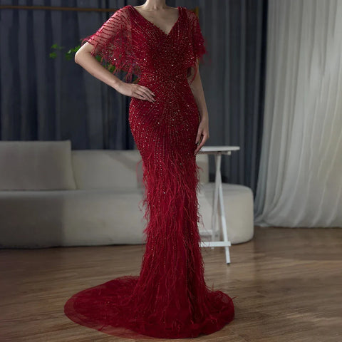 Brown Mermaid Luxury Evening Dresses Gowns 2025 Beaded Feather Elegant For Woman Party LA71323