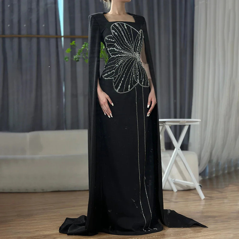 Vestido de noche de lujo estilo sirena, elegante, con mangas capa, bordado en satén y cuentas, estilo árabe, ideal para fiestas y eventos en Dubái (LA72461) 