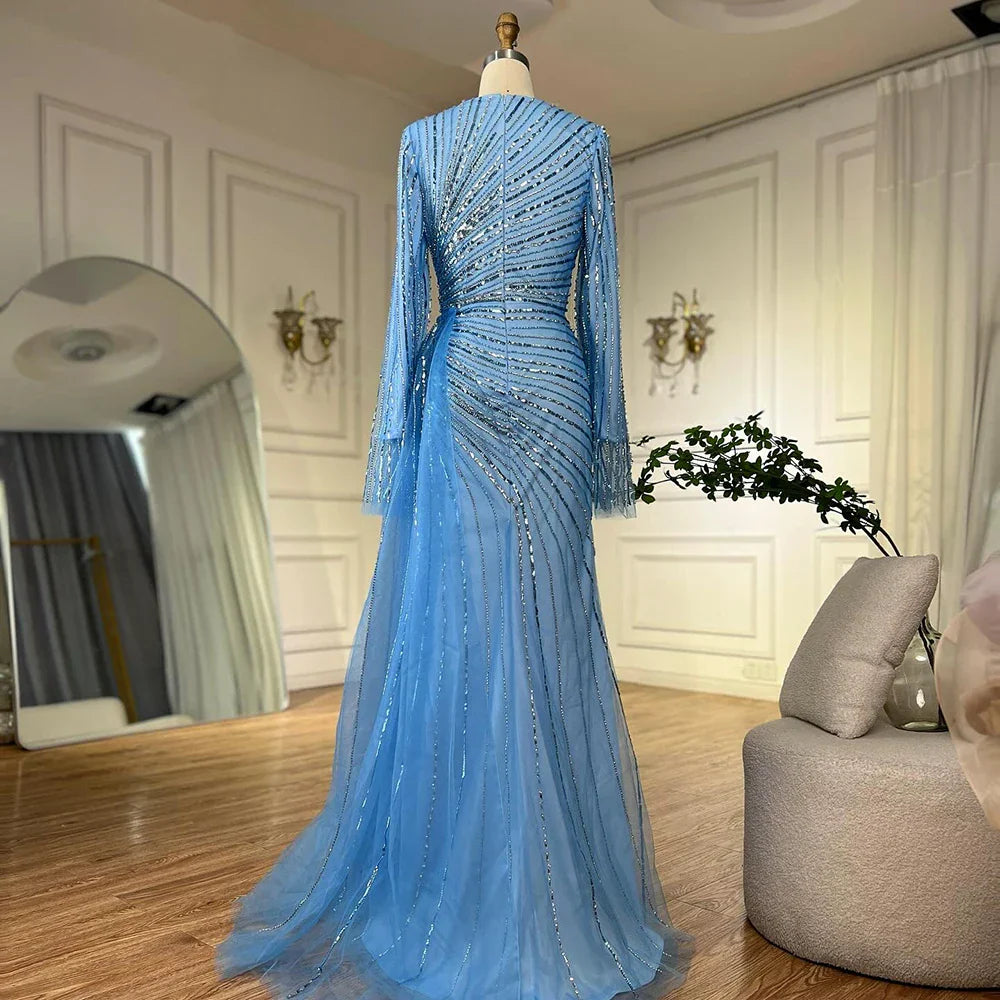 Vestidos de noche saudíes elegantes de color azul con cuentas, estilo árabe, para ocasiones formales (LA72822)
