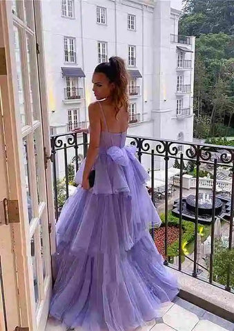 Robe de bal longue en tulle à volants, coupe trapèze, bretelles spaghetti, style arabe lilas, pour femme, LA72681, 2025 