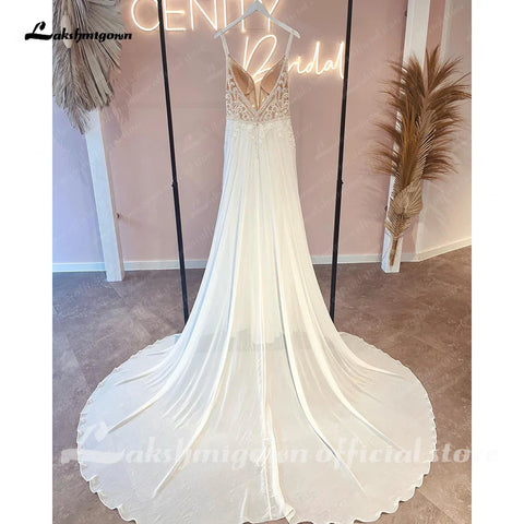 Baoleely – Robe de mariée bohème luxueuse en mousseline de soie, coupe trapèze, blanche cassée, avec dentelle et perles, été 2025