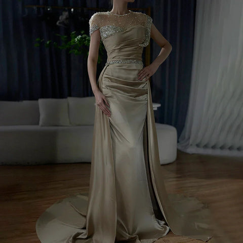 Robe de soirée élégante en satin, style sirène, couleur chair, avec jupe, perles, style arabe, LA71725 