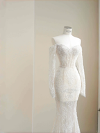 Romantic White Lace Appliques Tulle Sequin Mermaid Prom Dress Off Shoulder Evening Dress Y8663