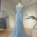 Robe de soirée arabe bleue à bretelles spaghetti et perles avec cape amovible pour une occasion formelle 2025 LA72784 