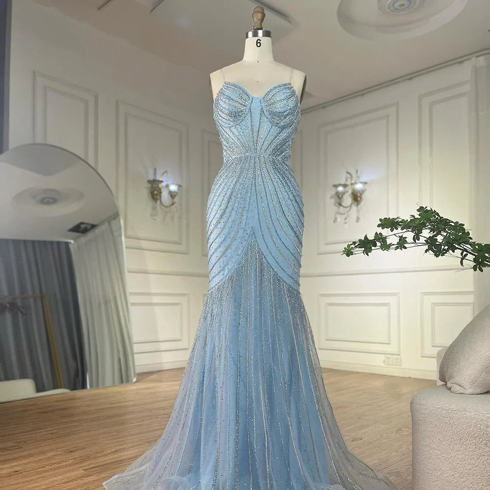 Robe de soirée arabe bleue à bretelles spaghetti et perles avec cape amovible pour une occasion formelle 2025 LA72784 