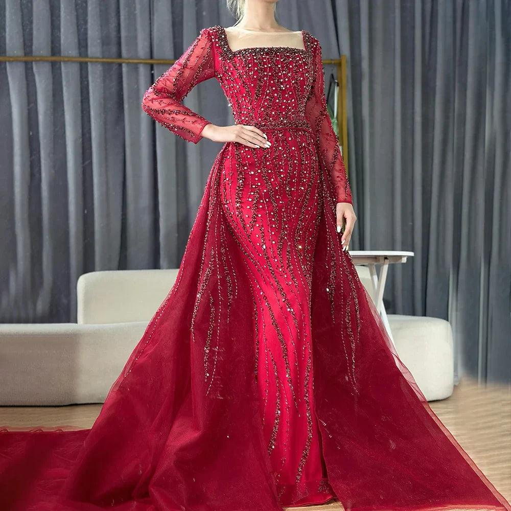 Vestidos de noche de sirena con sobrefalda, color verde árabe, bordados con cuentas, vestidos de lujo para ocasiones formales 2025 LA72710 