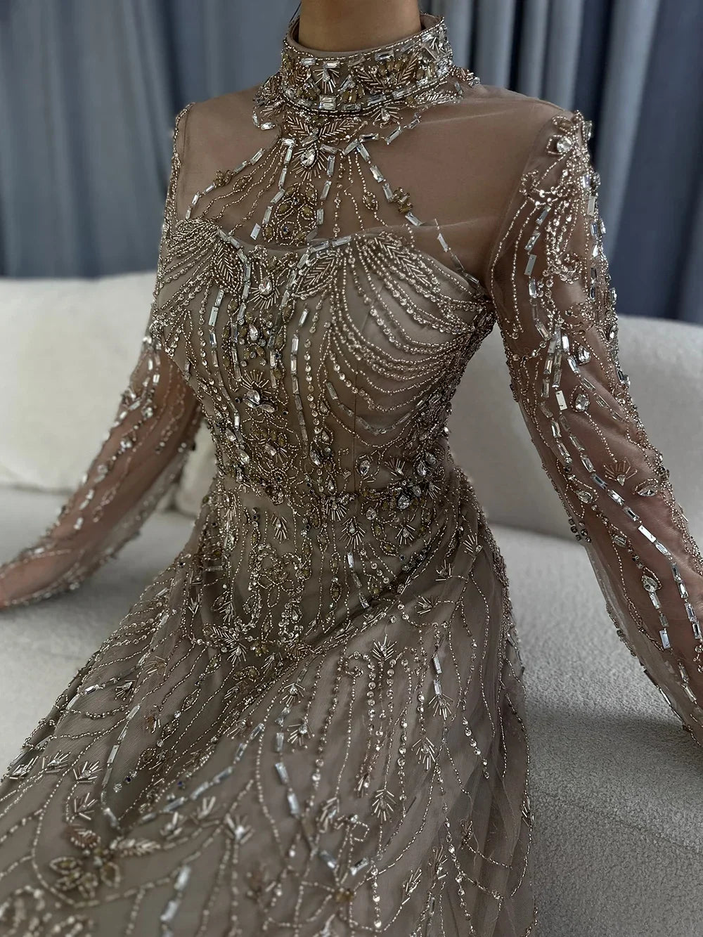 Vestidos de noche de lujo árabes de corte A, encaje azul y cuentas, para mujer, ideales para fiestas en Dubái (LA72704) 