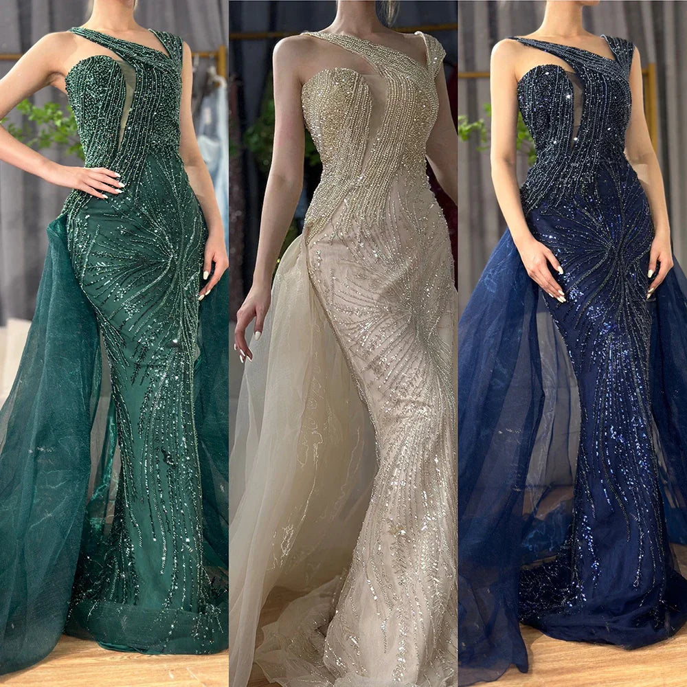Vestido de noche verde sirena color nude 2025 con elegante sobrefalda de un solo hombro para ocasiones formales LA72031A 