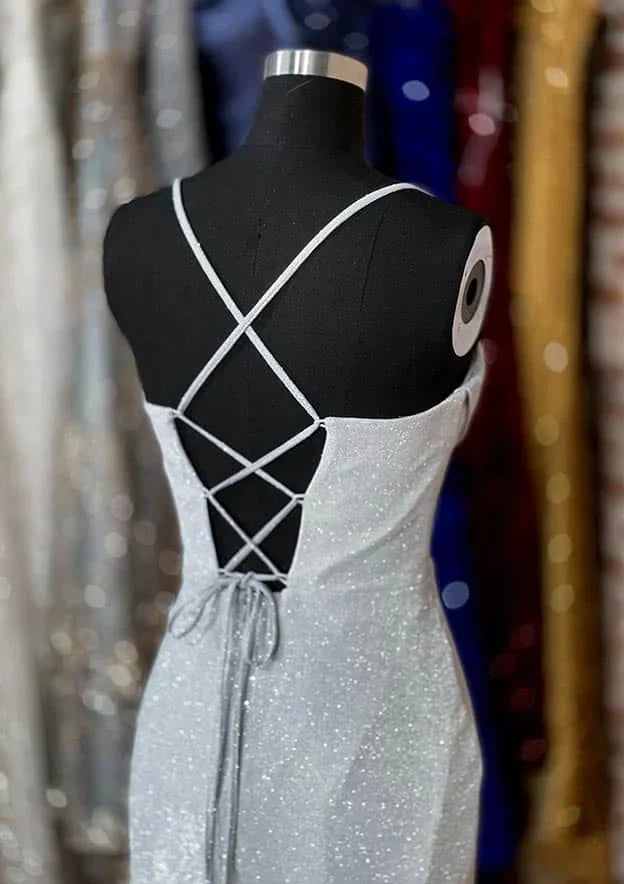 Vestido de fiesta de sirena elegante plateado árabe 2025 con tirantes finos, lentejuelas y abertura plisada para mujer LA72685 