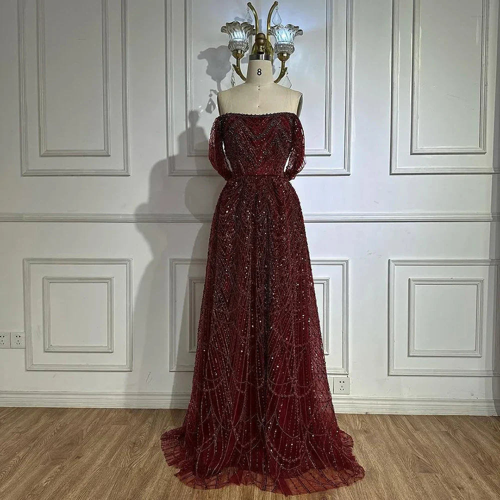 Vestido de noche corte A, color nude, con hombros descubiertos y diseño con perlas para ocasiones formales (LA72738A)