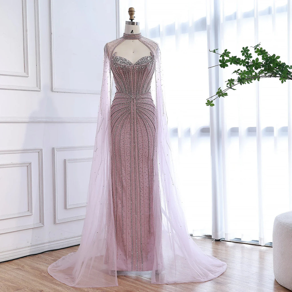 Luxury Dubai Caramel Beaded Evening Dress With Cape LA72811C