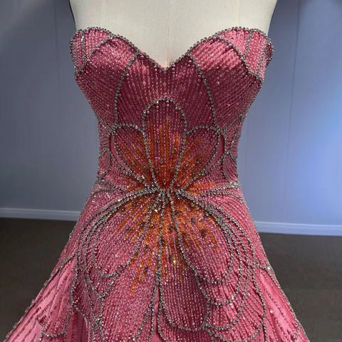 Dubai Arabia Peach A Line Satin Strapless Luxury Beaded Evening Dresses Gowns For Women Wedding Party 2025 LA72195