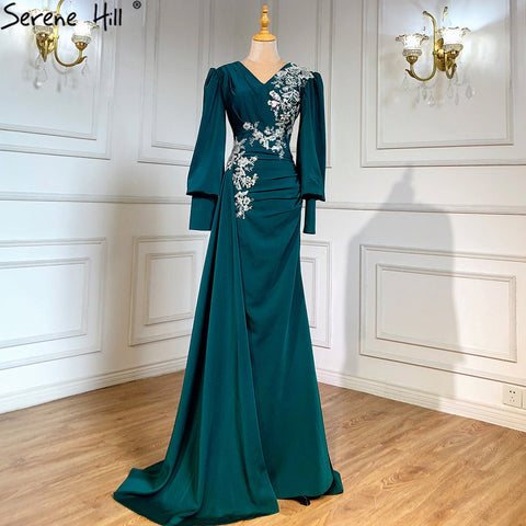 Muslim Green Mermaid Overskirt Evening Dresses Gowns 2025 Elegant Luxury Beaded Satin For Women Party LA71491