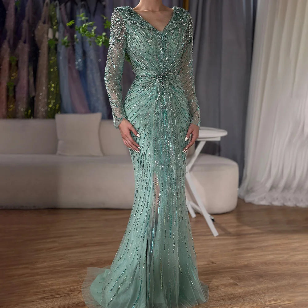 Vestidos de noche estilo sirena, elegantes, color turquesa árabe, con cuentas y abertura lateral, para mujer, ideales para bodas y fiestas (LA72007) 