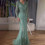 Vestidos de noche estilo sirena, elegantes, color turquesa árabe, con cuentas y abertura lateral, para mujer, ideales para bodas y fiestas (LA72007) 