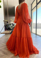 Vestido de fiesta largo de gasa rojo árabe, corte en A, manga larga y pliegues, estilo línea A, para mujer, modelo LA72688 