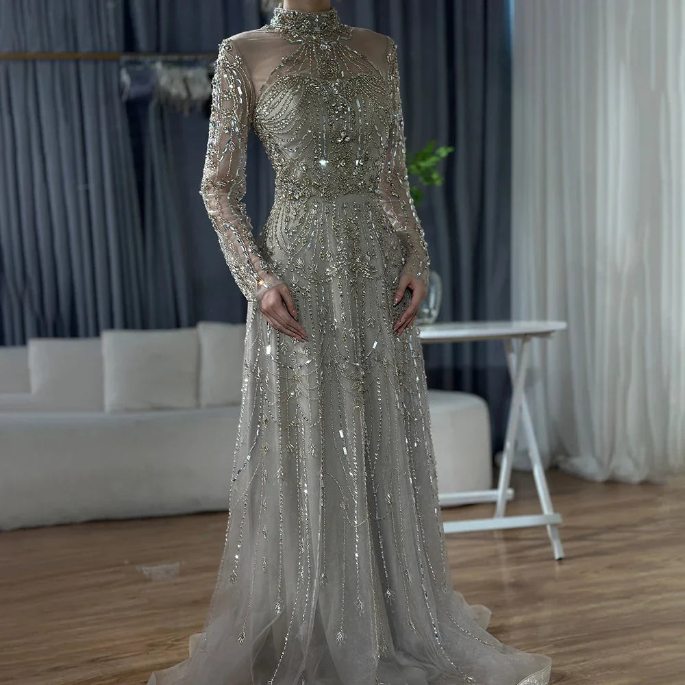 Vestidos de noche de lujo árabes de corte A, encaje azul y cuentas, para mujer, ideales para fiestas en Dubái (LA72704) 