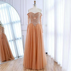 Luxury Nude Off Shoulder A-Line Beaded Evening Dress LA73038