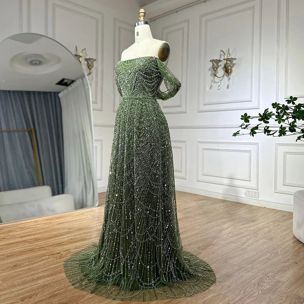 Vestido de noche corte A, color nude, con hombros descubiertos y diseño con perlas para ocasiones formales (LA72738A)