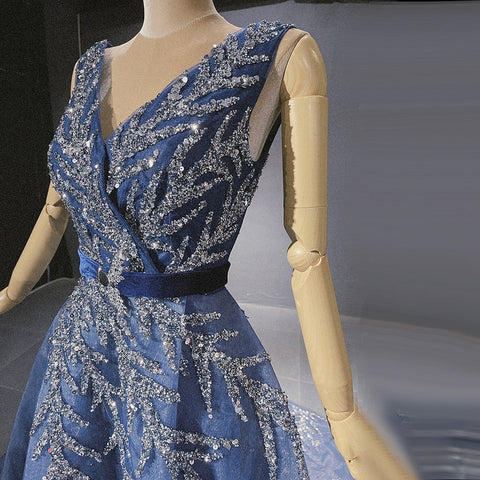 Blue Beaded Bling Evening Dresses Gowns 2025 V-Neck Sexy Luxury A-Line For Women Party LA71508