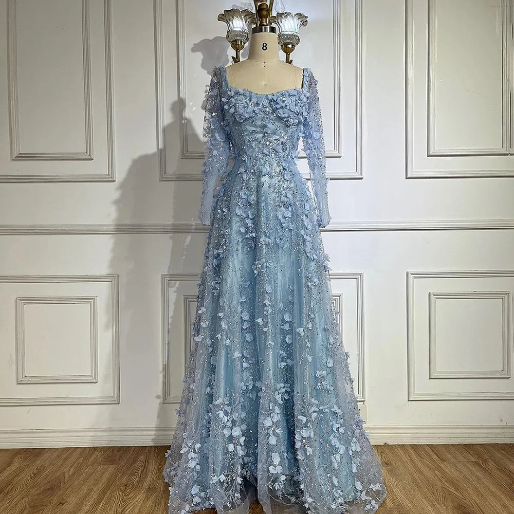 Arabic Gray A Line Elegant Appliques Luxury Beaded Evening Gowns for Women Wedding Party LA72657