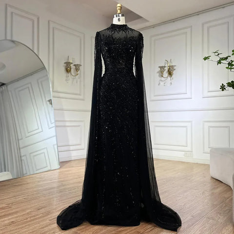 Robe de soirée sirène noire nude luxueuse avec manches cape LA71885A 